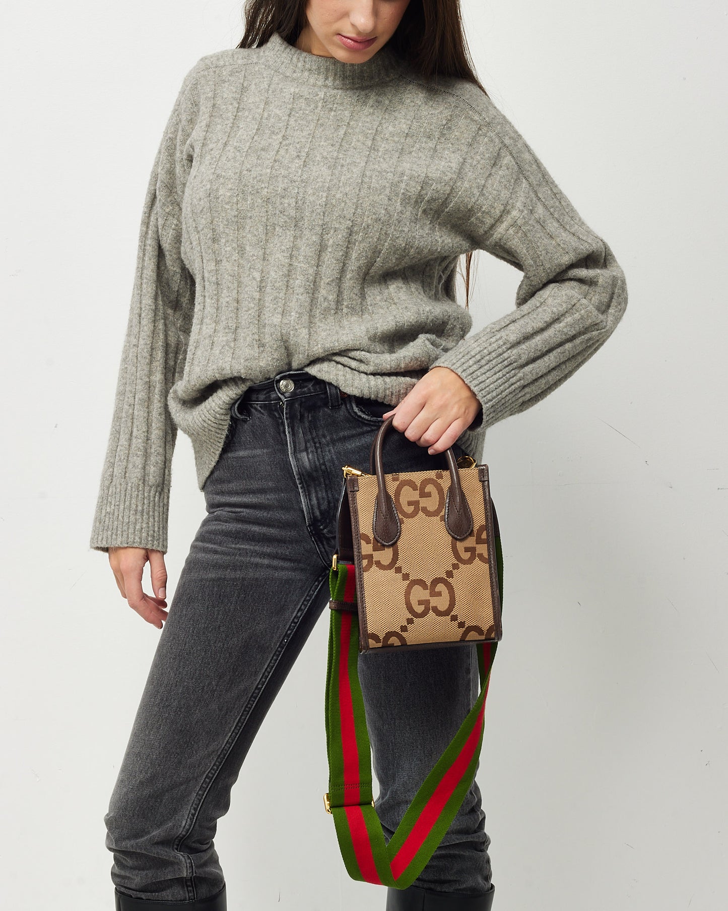 Gucci Beige and Brown Jumbo GG Monogram Canvas Mini 2Way Tote with Web Strap