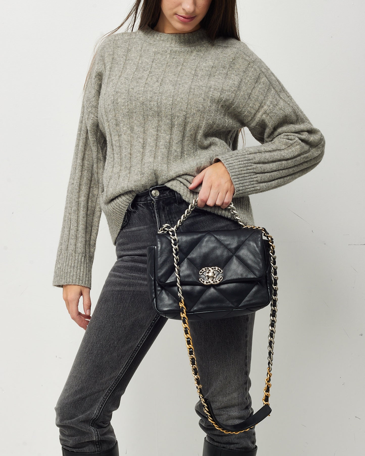 Chanel Black Quilted Lambskin Leather Small 19 SHW Bag