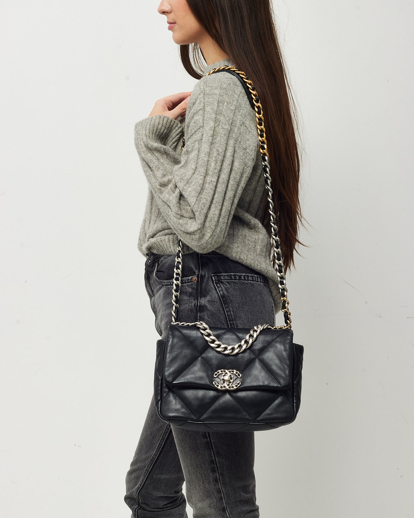 Chanel Black Quilted Lambskin Leather Small 19 SHW Bag