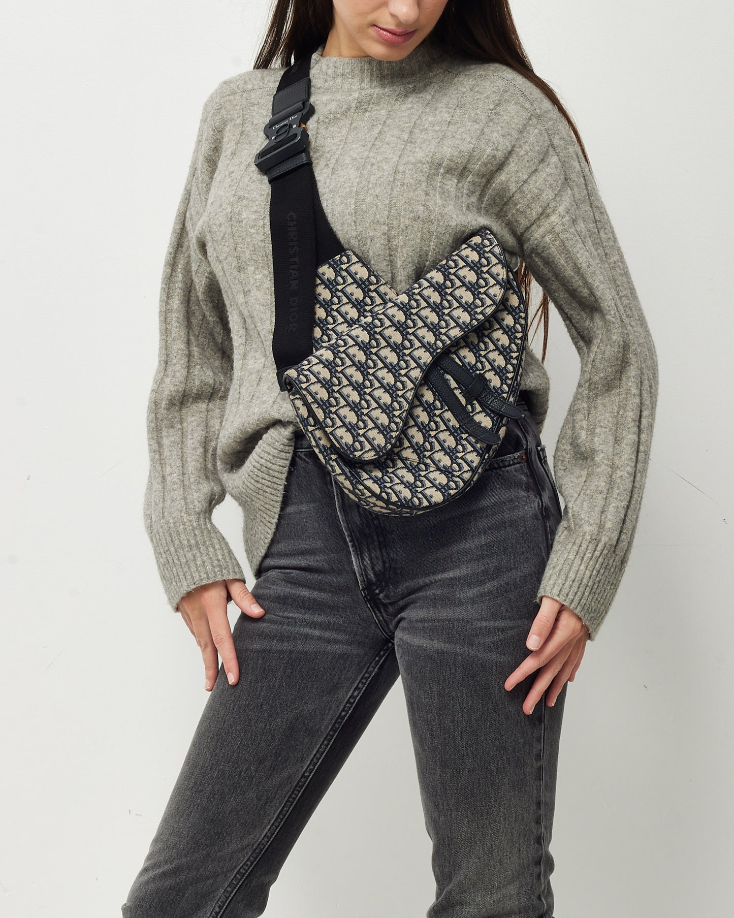 Dior Men's Beige and Black Dior Navy Oblique Jacquard Canvas Saddle Bag