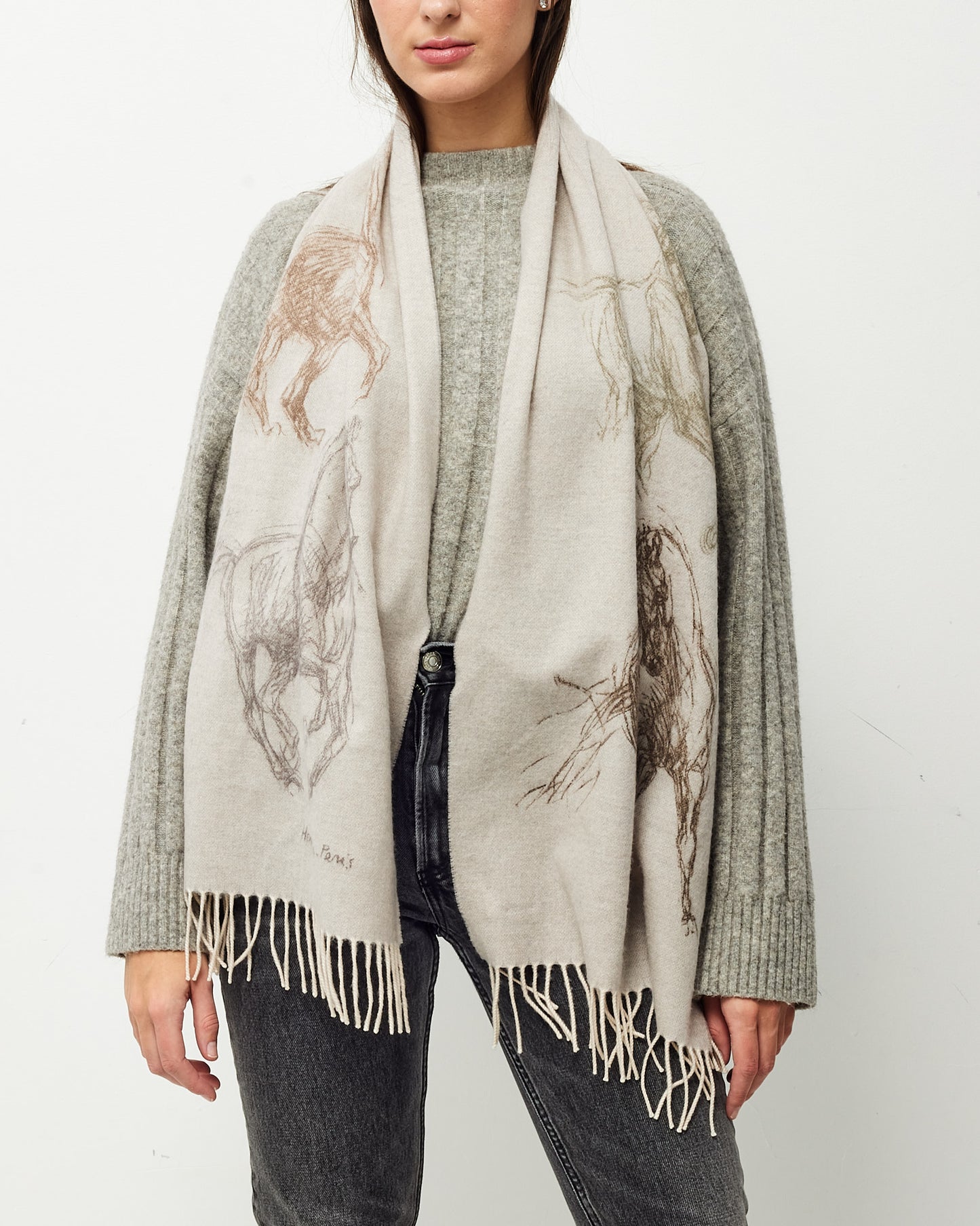 Hermès Cream and Grey Cashmere Horse Pirouette au Galop Muffler Scarf