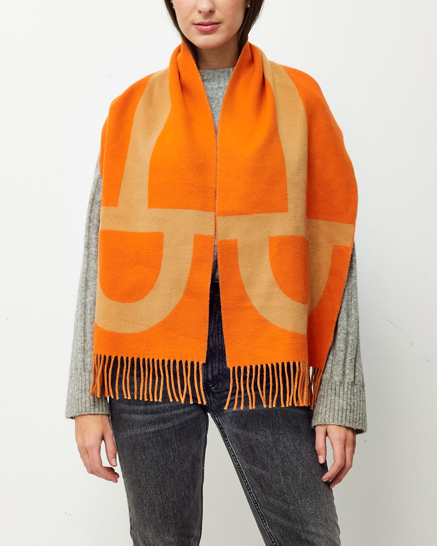 Hermès Tan and Orange Cashmere Casaque Grand Mors Muffler Scarf