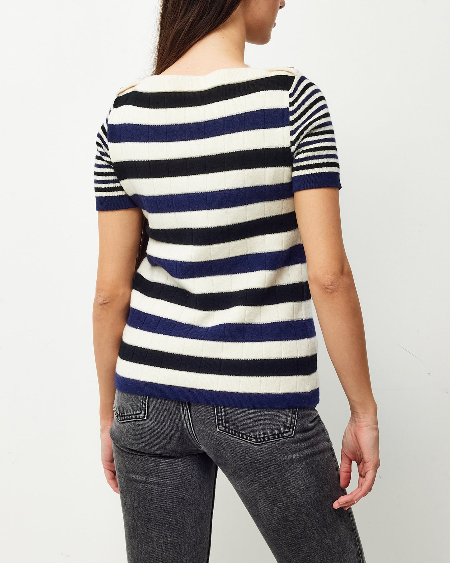 Chanel White with Blue and Black Stripe Cashmere Short Sleeve Sweater - 36