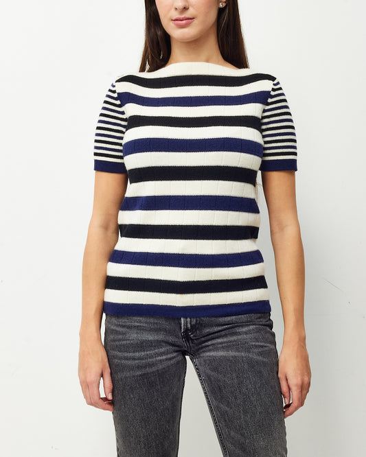Chanel White with Blue and Black Stripe Cashmere Short Sleeve Sweater - 36