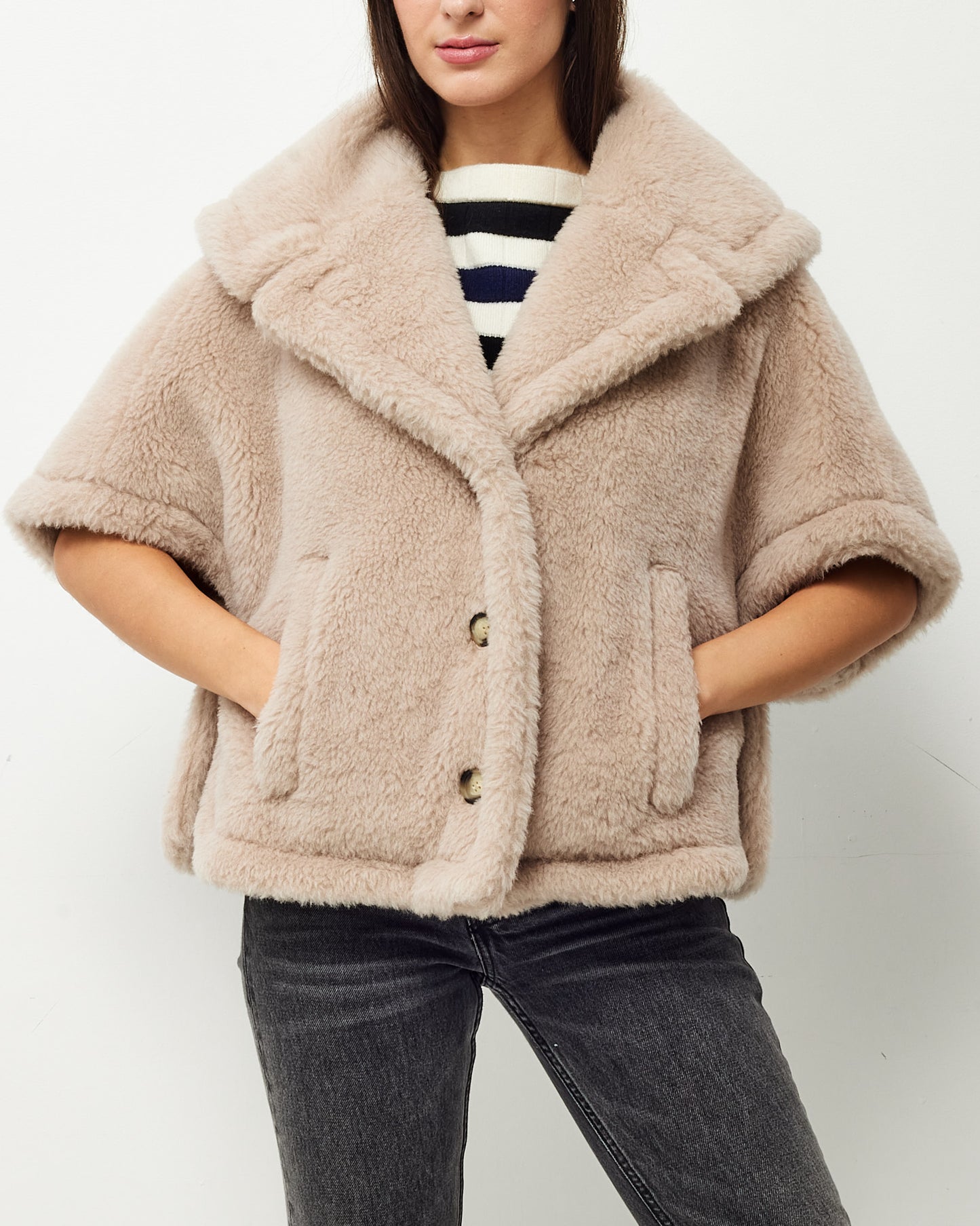 Max Mara Beige/Pink Teddy Short-Sleeve Cropped Jacket/Cape - S/M