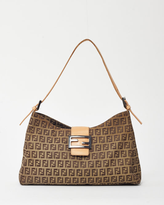 Fendi Vintage Beige Leather and Brown FF Zucchino Canvas Hobo Shoulder Bag