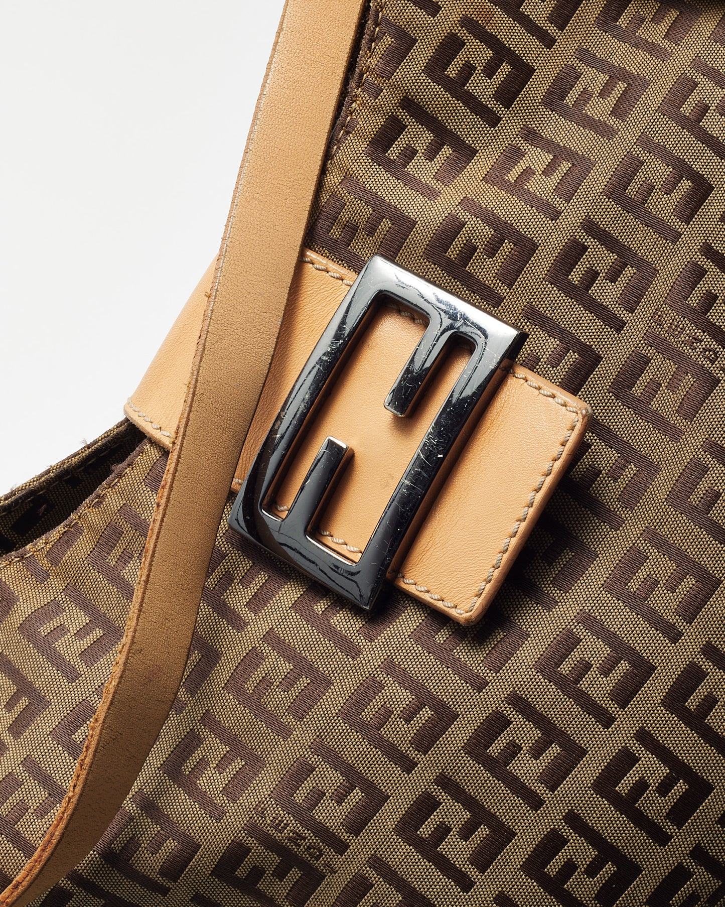 Fendi Vintage Beige Leather and Brown FF Zucchino Canvas Hobo Shoulder Bag