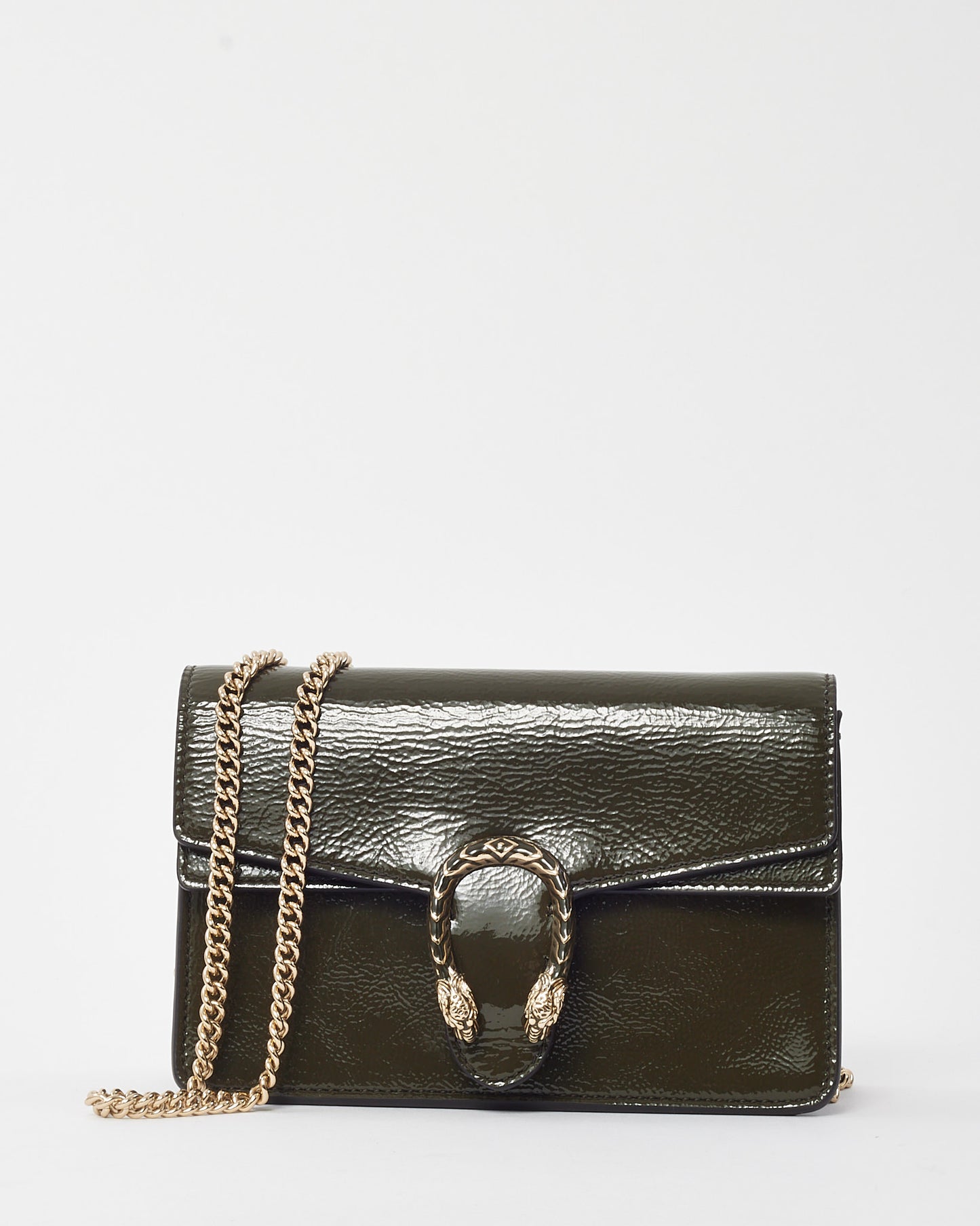 Gucci Khaki Crinkled Patent Leather Super Mini Dionysus Bag SHW