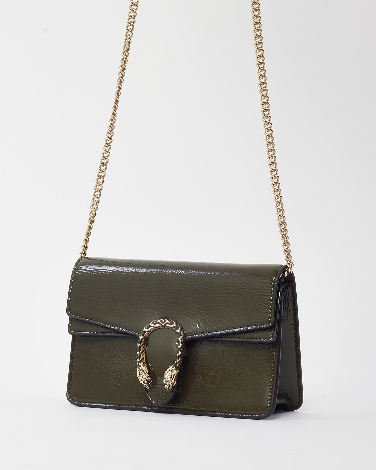 Gucci Khaki Crinkled Patent Leather Super Mini Dionysus Bag SHW