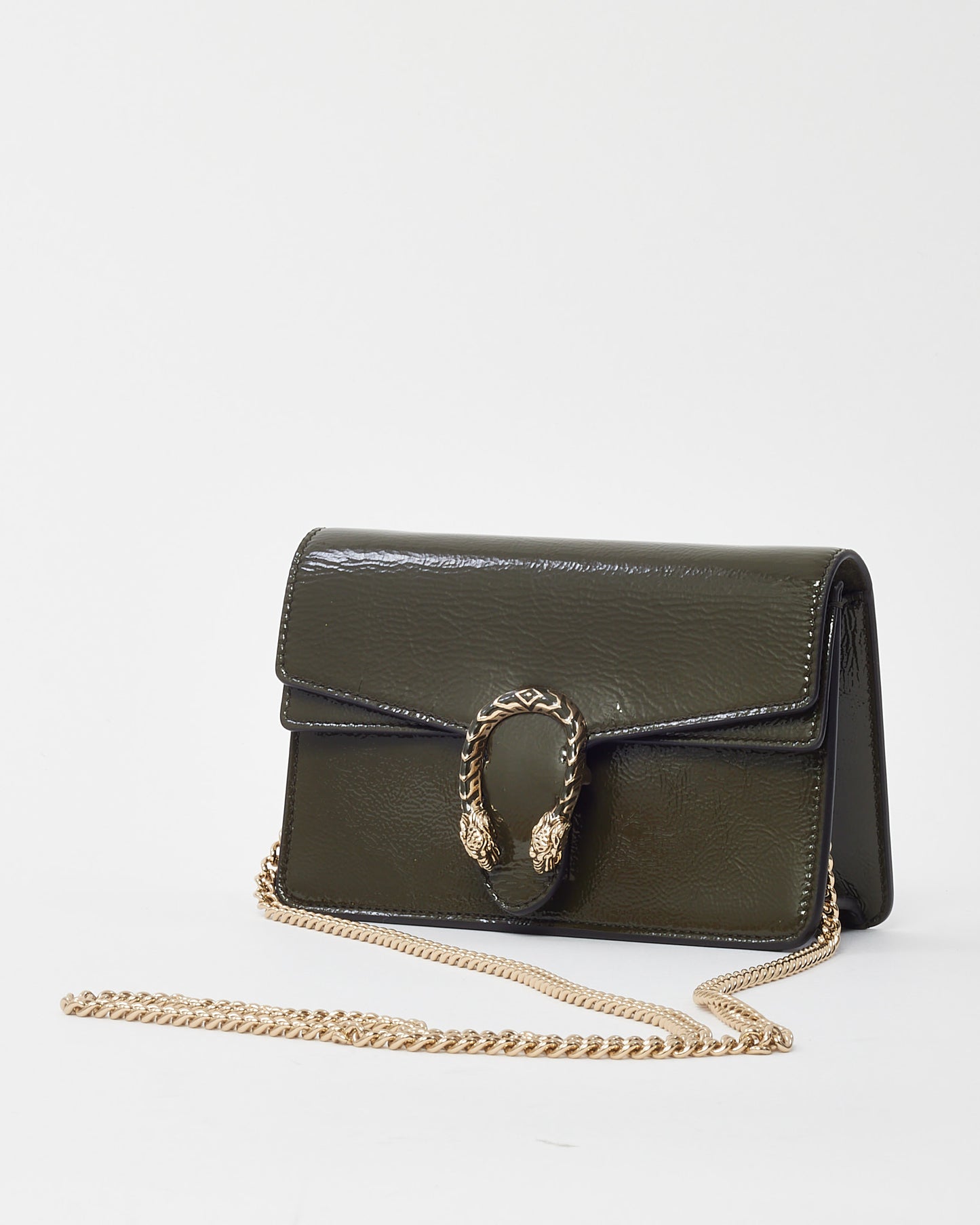 Gucci Khaki Crinkled Patent Leather Super Mini Dionysus Bag SHW