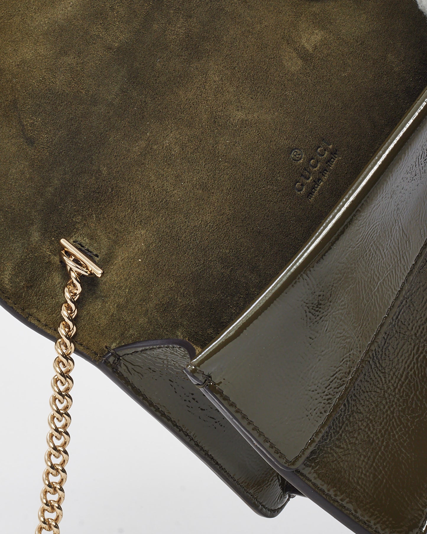 Gucci Khaki Crinkled Patent Leather Super Mini Dionysus Bag SHW