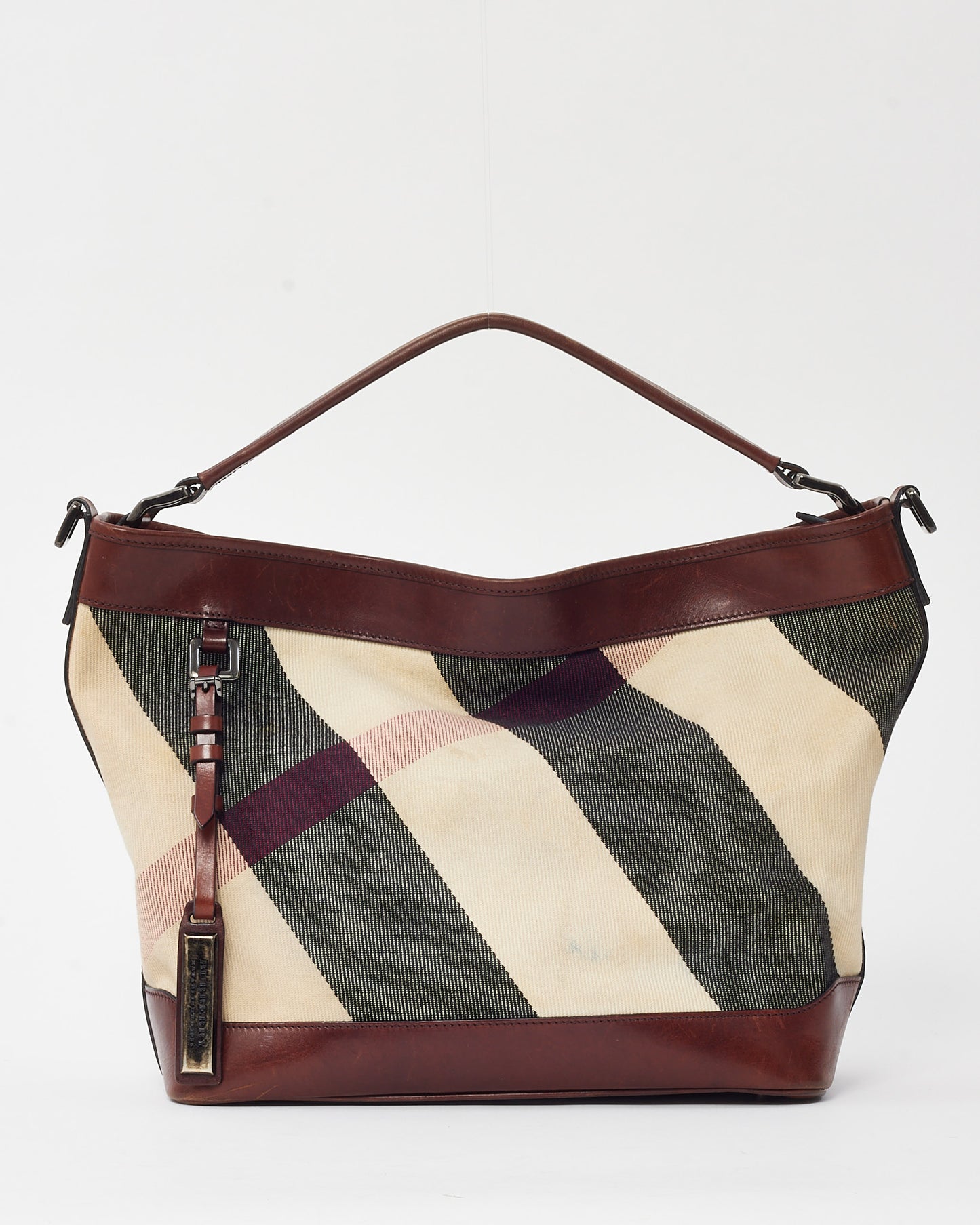 Burberry Brown Leather and Black/White Mega Nova Check Canvas Hobo Shoulder Bag