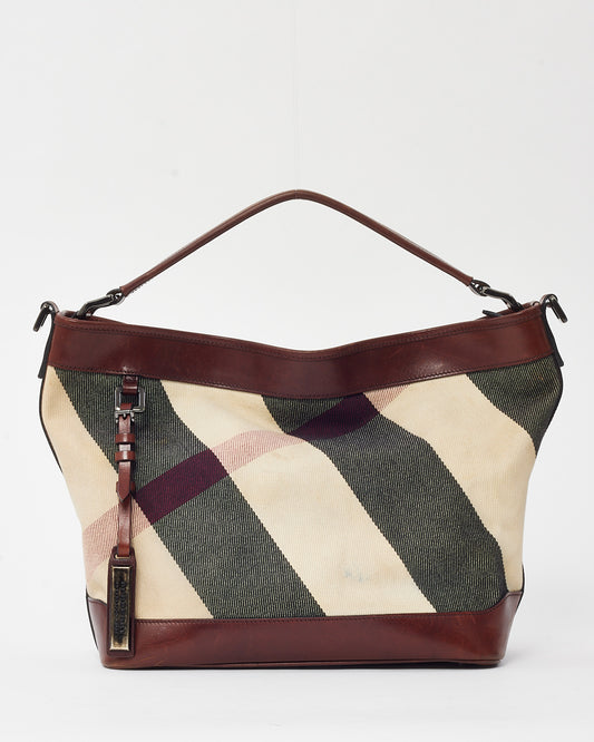 Burberry Brown Leather and Black/White Mega Nova Check Canvas Hobo Shoulder Bag