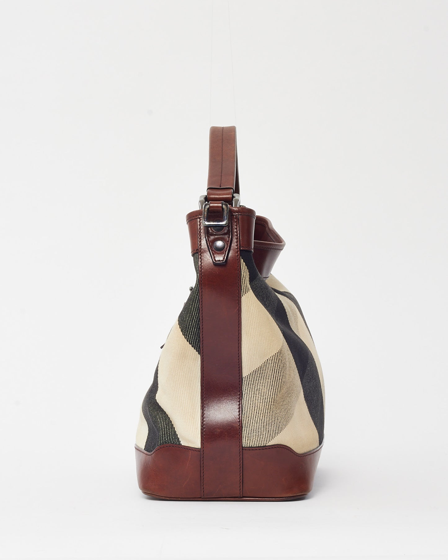 Burberry Brown Leather and Black/White Mega Nova Check Canvas Hobo Shoulder Bag