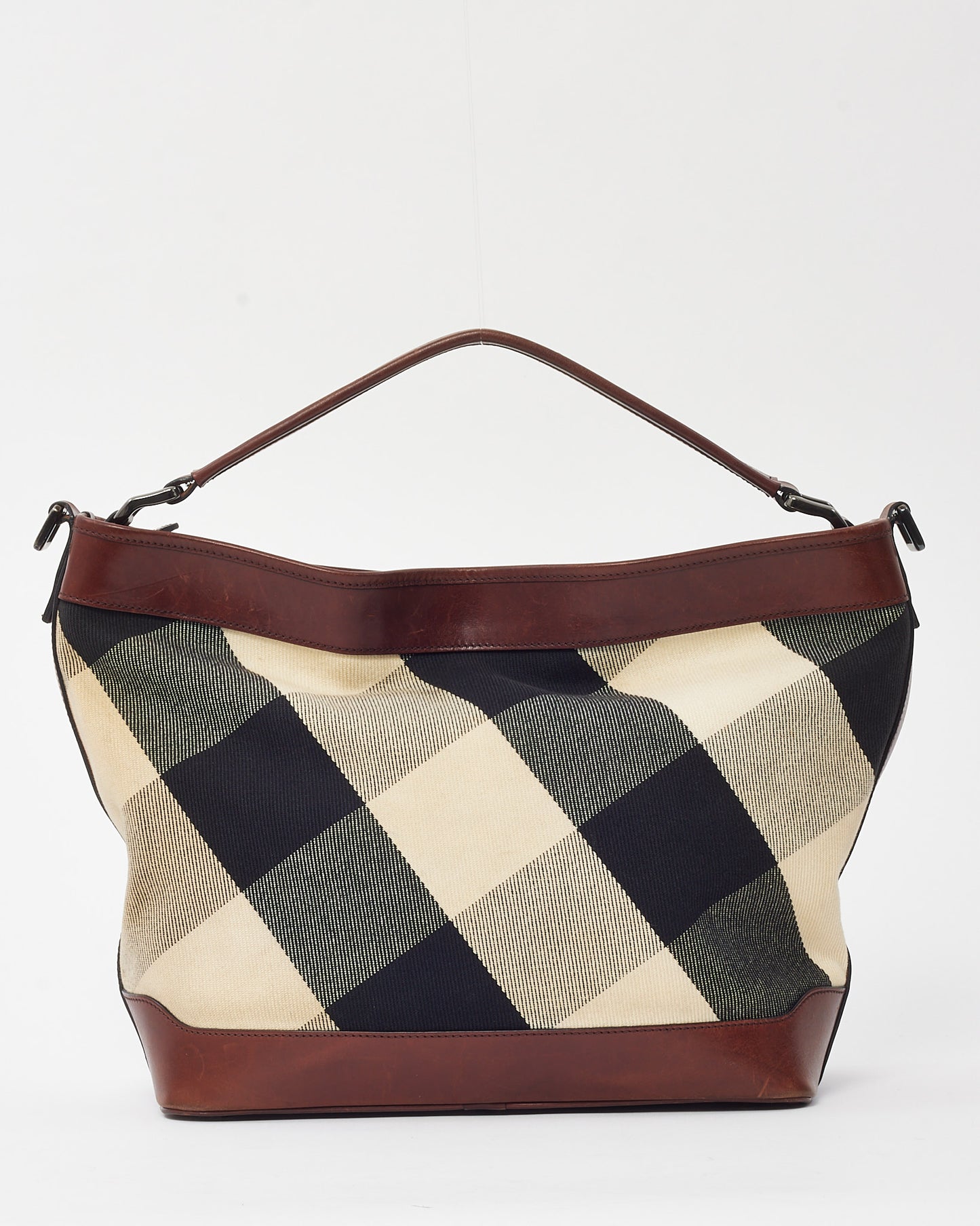 Burberry Brown Leather and Black/White Mega Nova Check Canvas Hobo Shoulder Bag