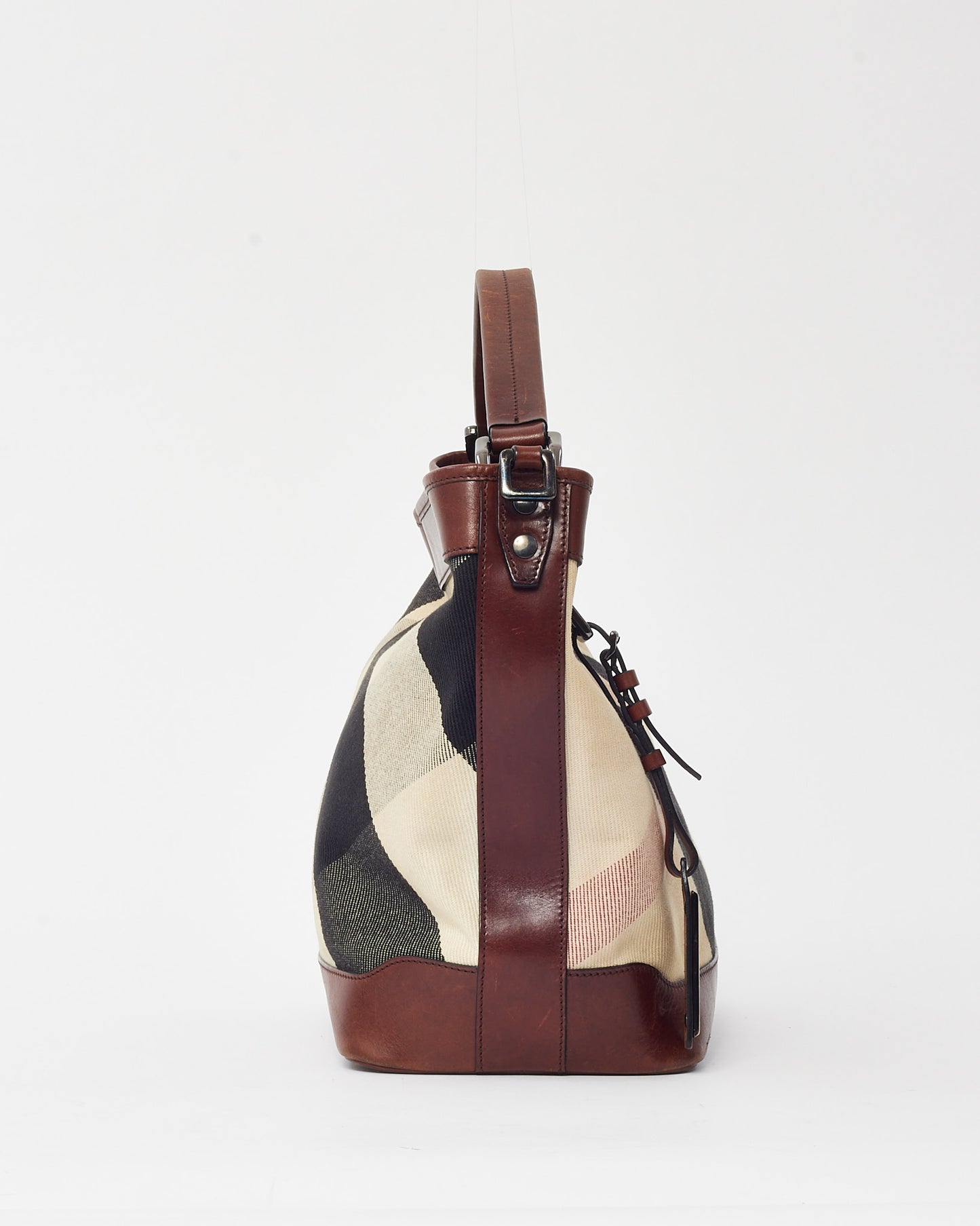 Burberry Brown Leather and Black/White Mega Nova Check Canvas Hobo Shoulder Bag