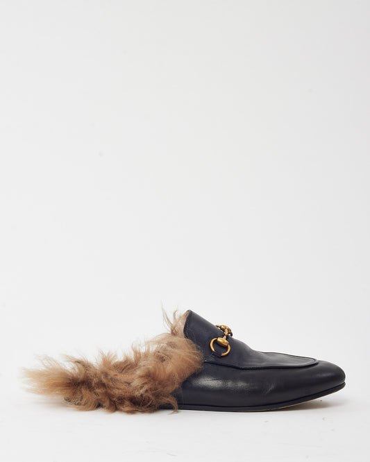 Gucci Black Calfskin Leather Horsebit Fur Slip On Princetown Slippers - 37
