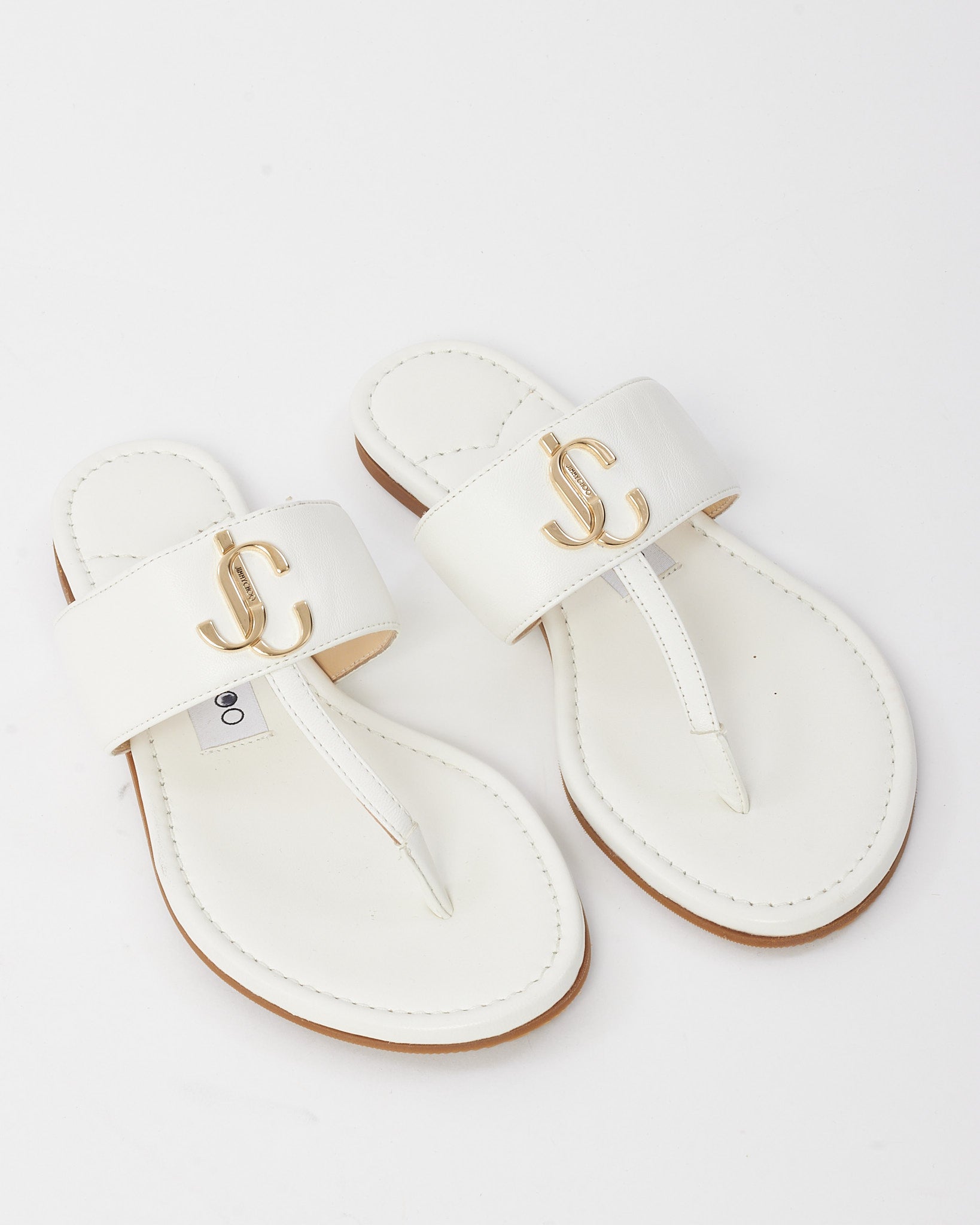 Buy Jimmy Choo White Leather Gold JC Logo Flat Sandals - 35