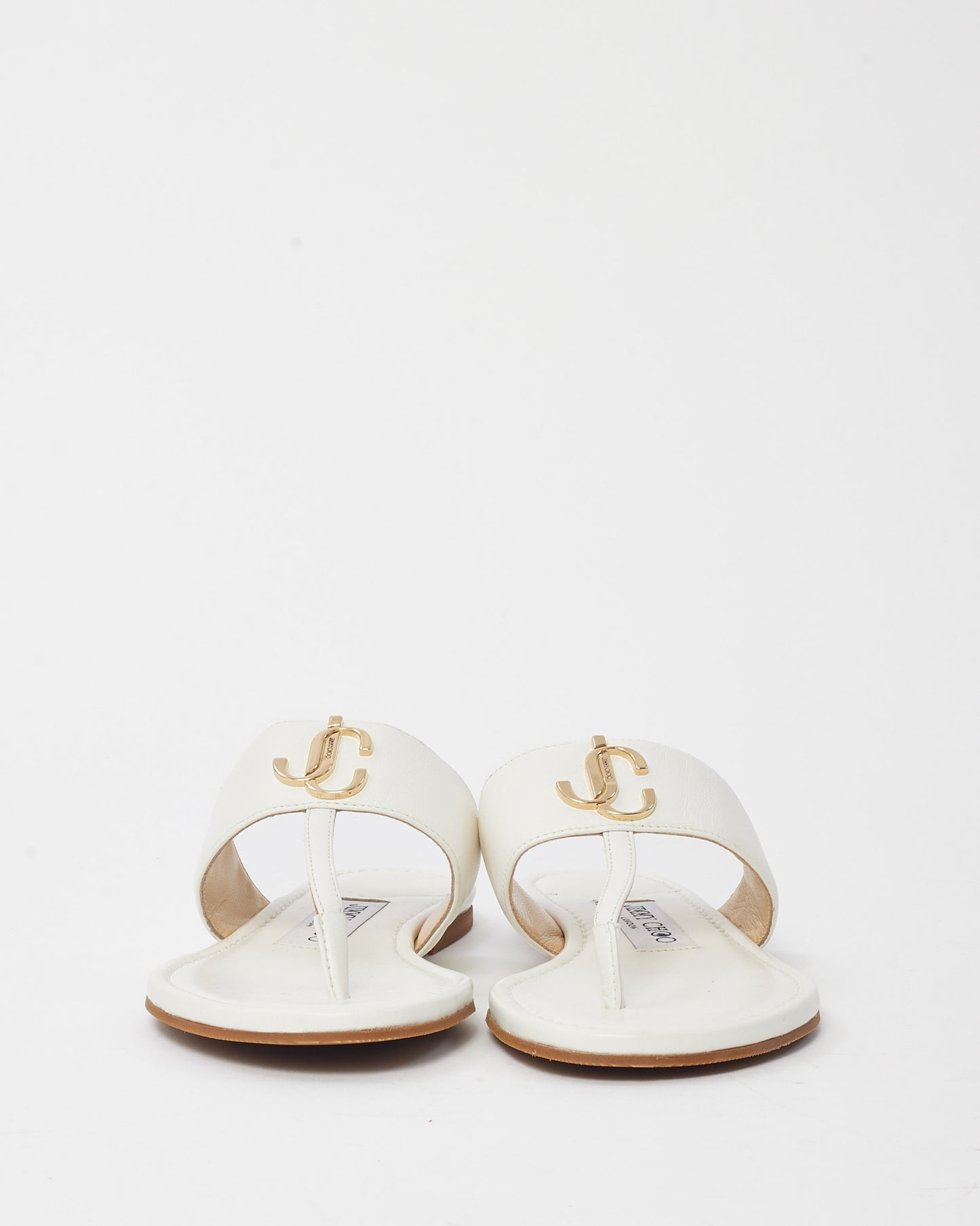 Jimmy Choo White Leather Gold JC Logo Flat Sandals - 35