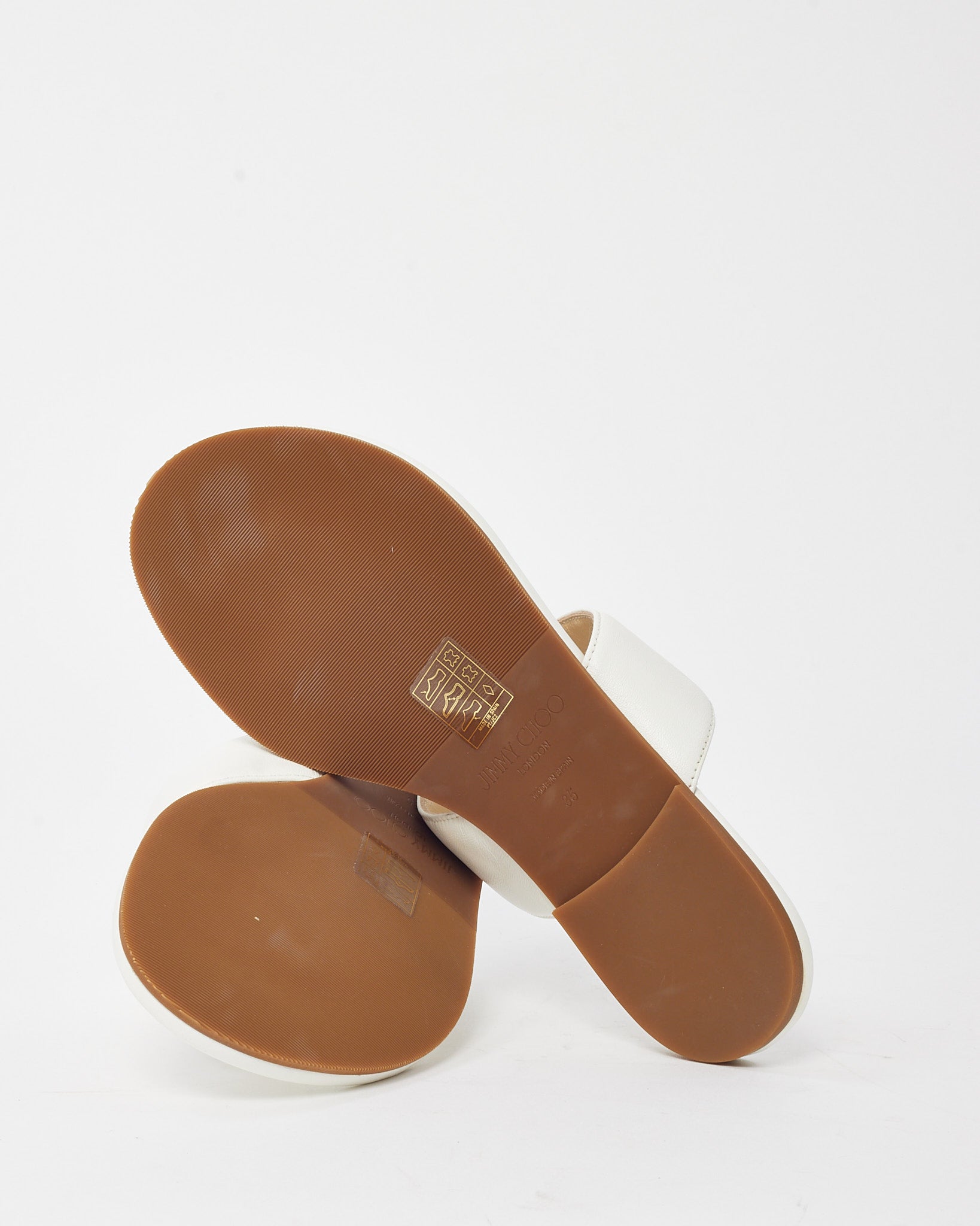 Buy Jimmy Choo White Leather Gold JC Logo Flat Sandals - 35