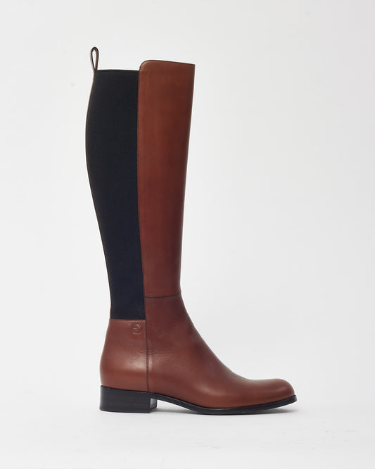 Gucci Brown Leather and Black Elastic Knee-High Riding Boots - 36