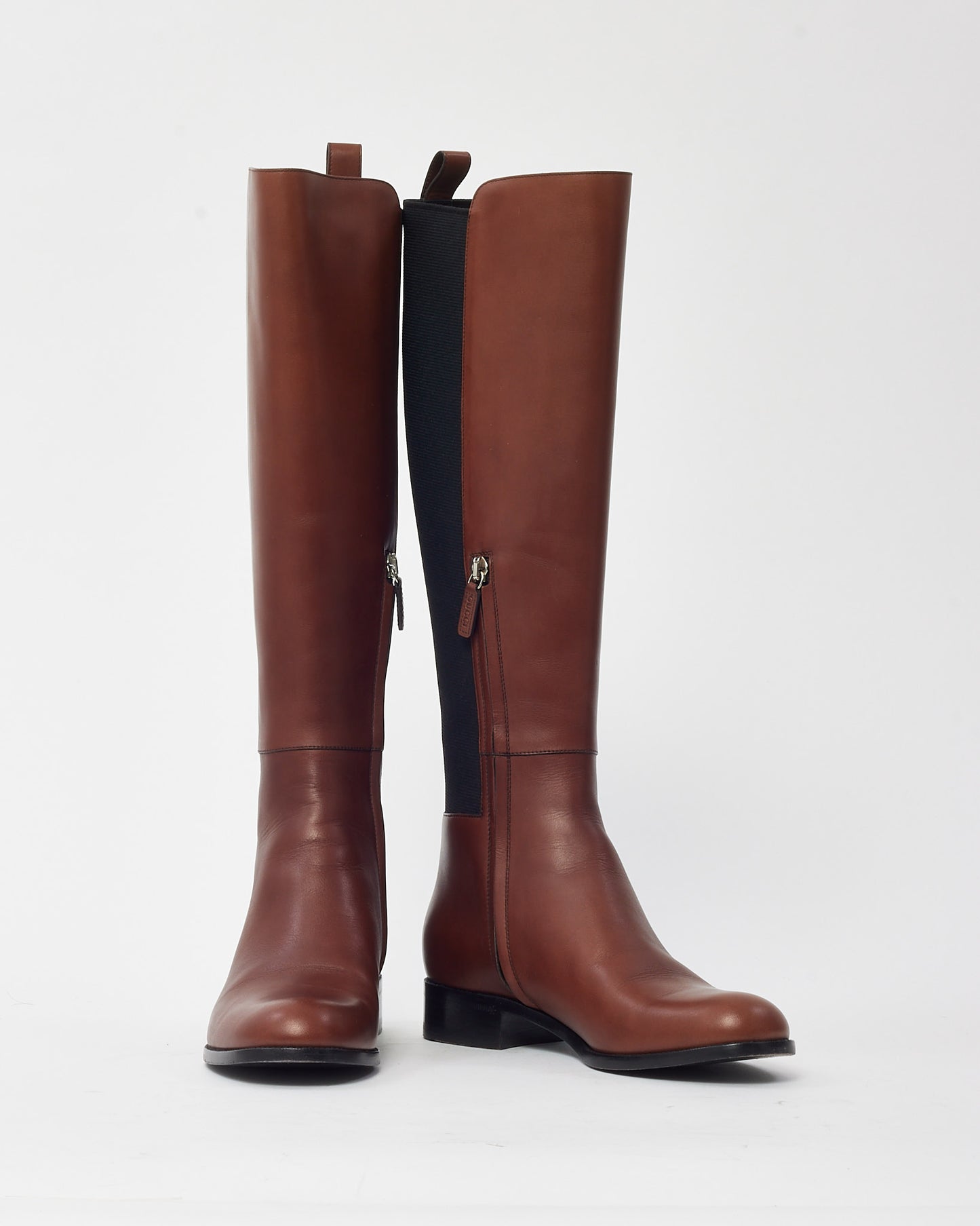 Gucci Brown Leather and Black Elastic Knee-High Riding Boots - 36