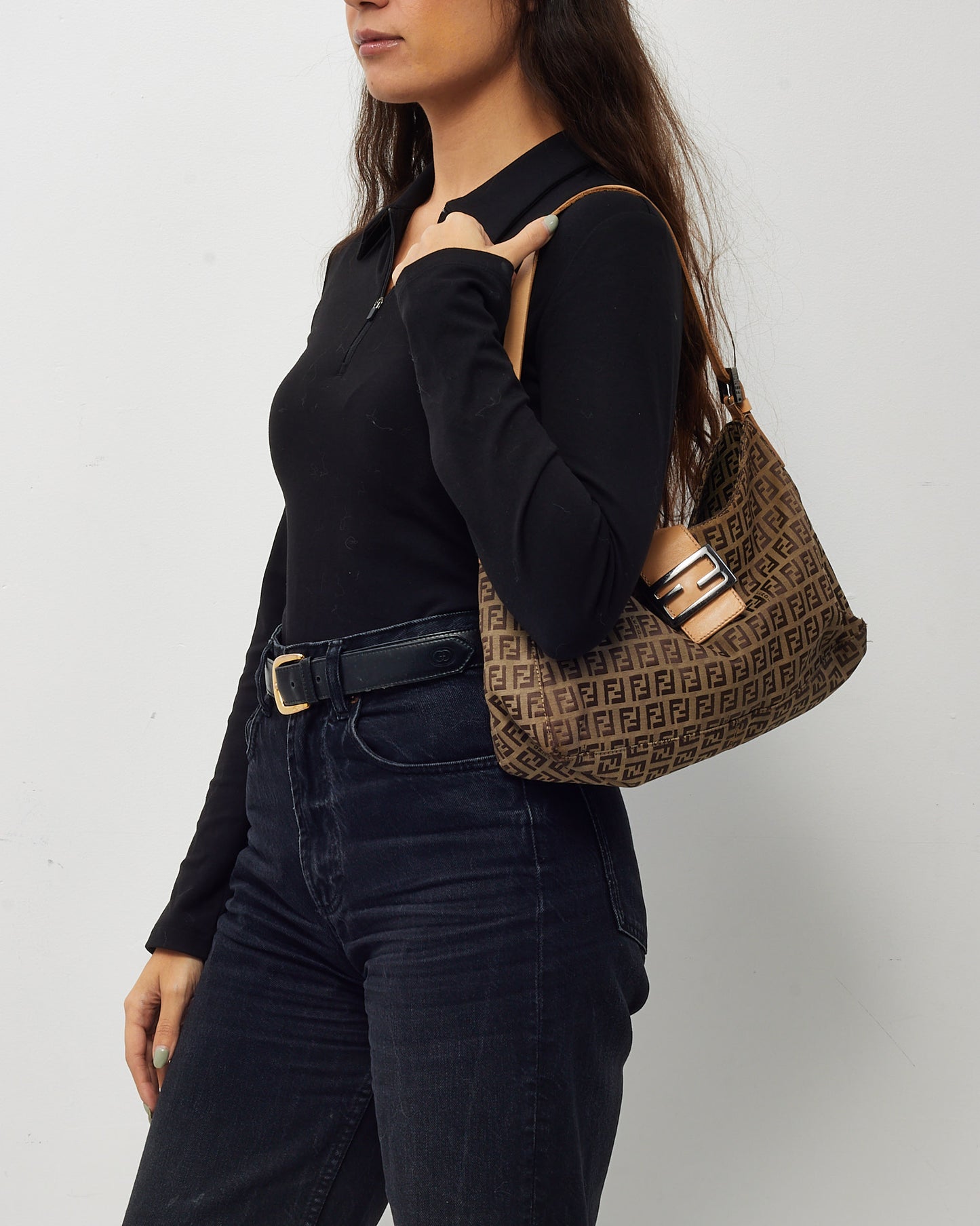 Fendi Vintage Beige Leather and Brown FF Zucchino Canvas Hobo Shoulder Bag