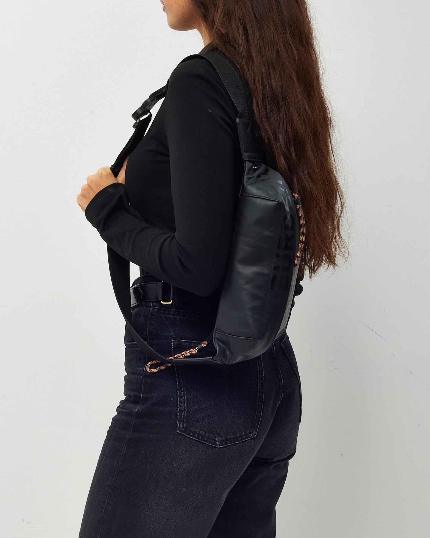 Burberry Black Waxed Cotton Coated Canvas Horseferry Print Sonny Bum Bag