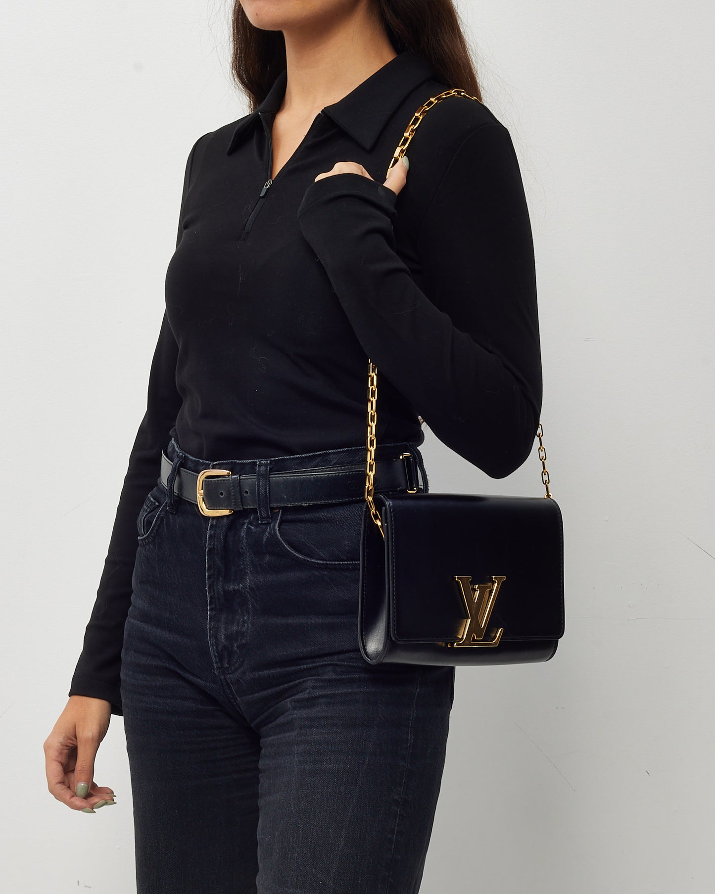 Louis Vuitton Black Calfskin Leather Louise Lockme Chain Shoulder Bag MM