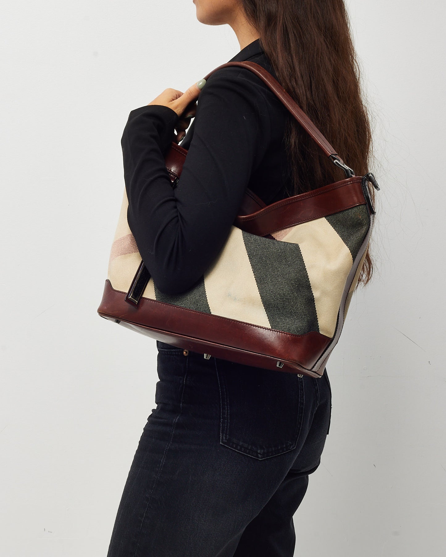 Burberry Brown Leather and Black/White Mega Nova Check Canvas Hobo Shoulder Bag