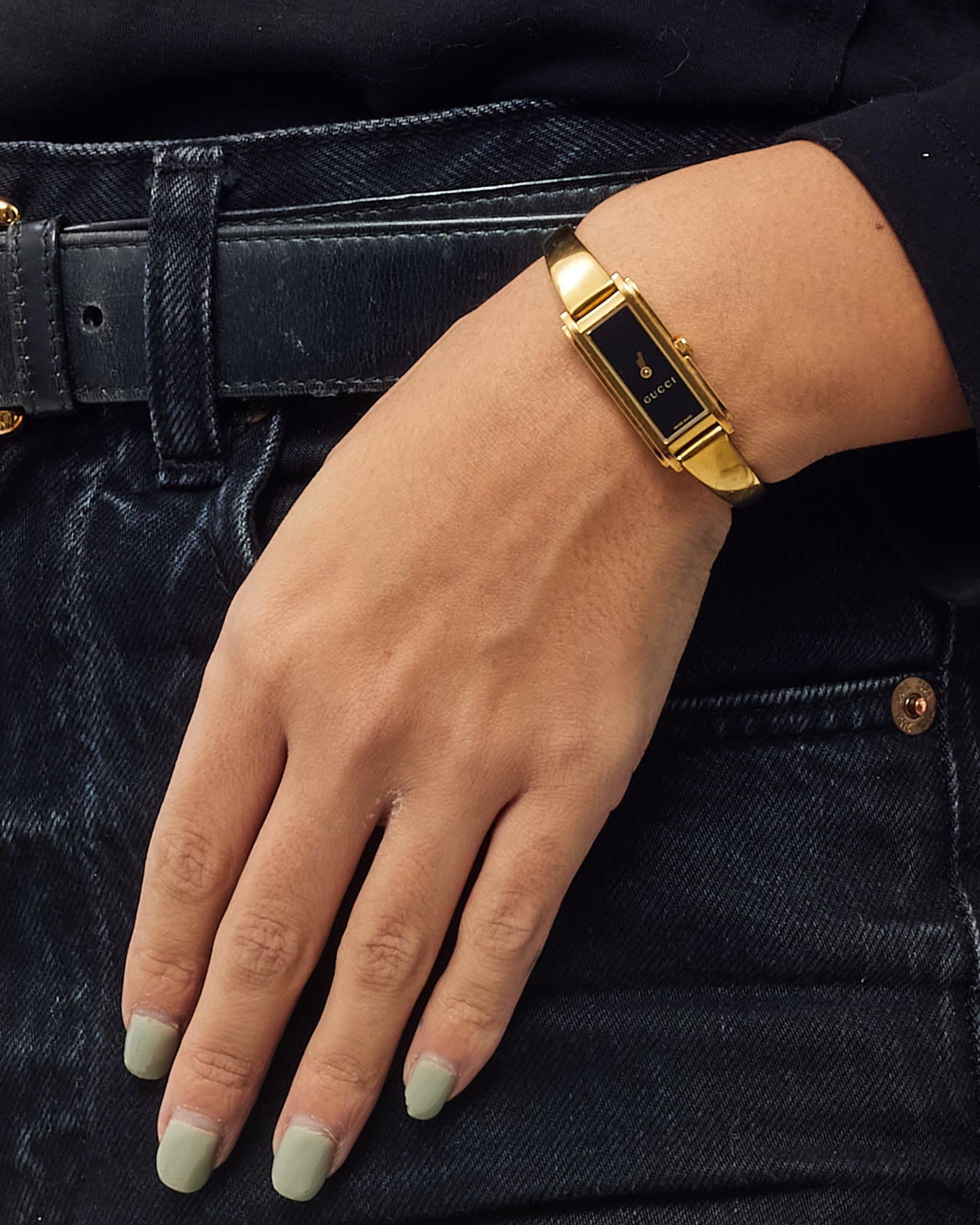 Gucci Gold Plated Black Dial G-Line 109 Bangle Watch