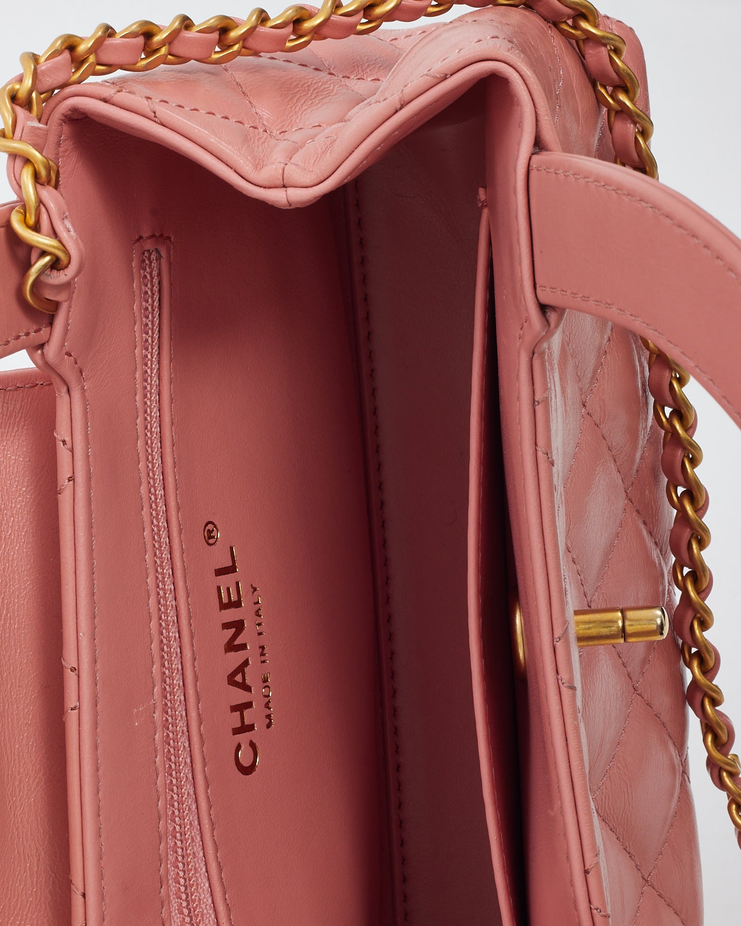 Chanel Coral Pink Shiny Aged Quilted Calfskin Leather Nano Kelly Shopper Crossbody GHW