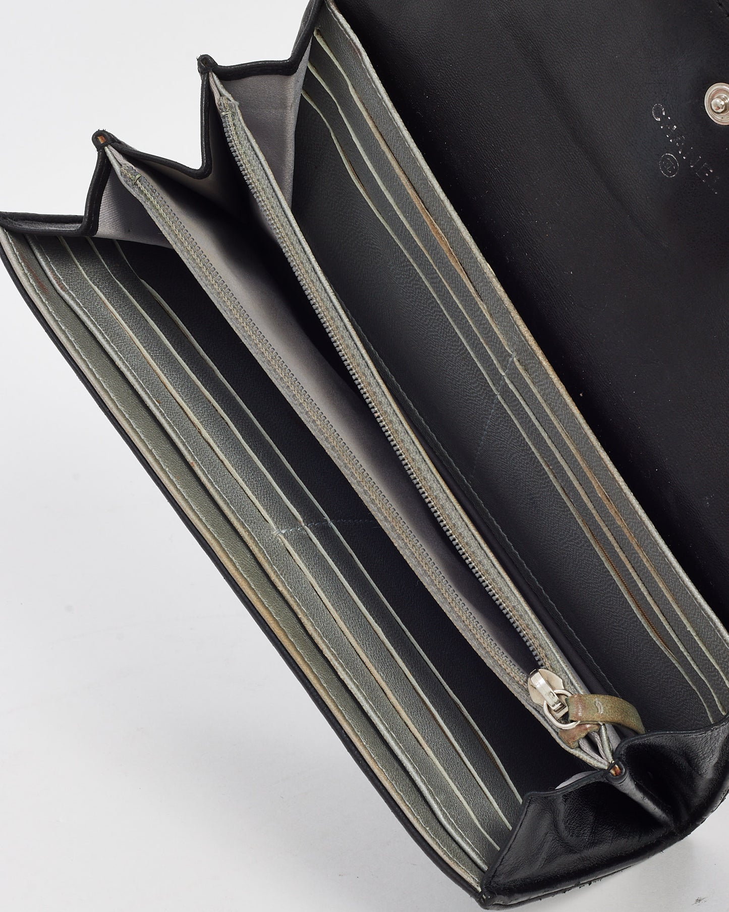 Chanel Black Leather Embossed Camellia Flower CC Logo Continental Wallet