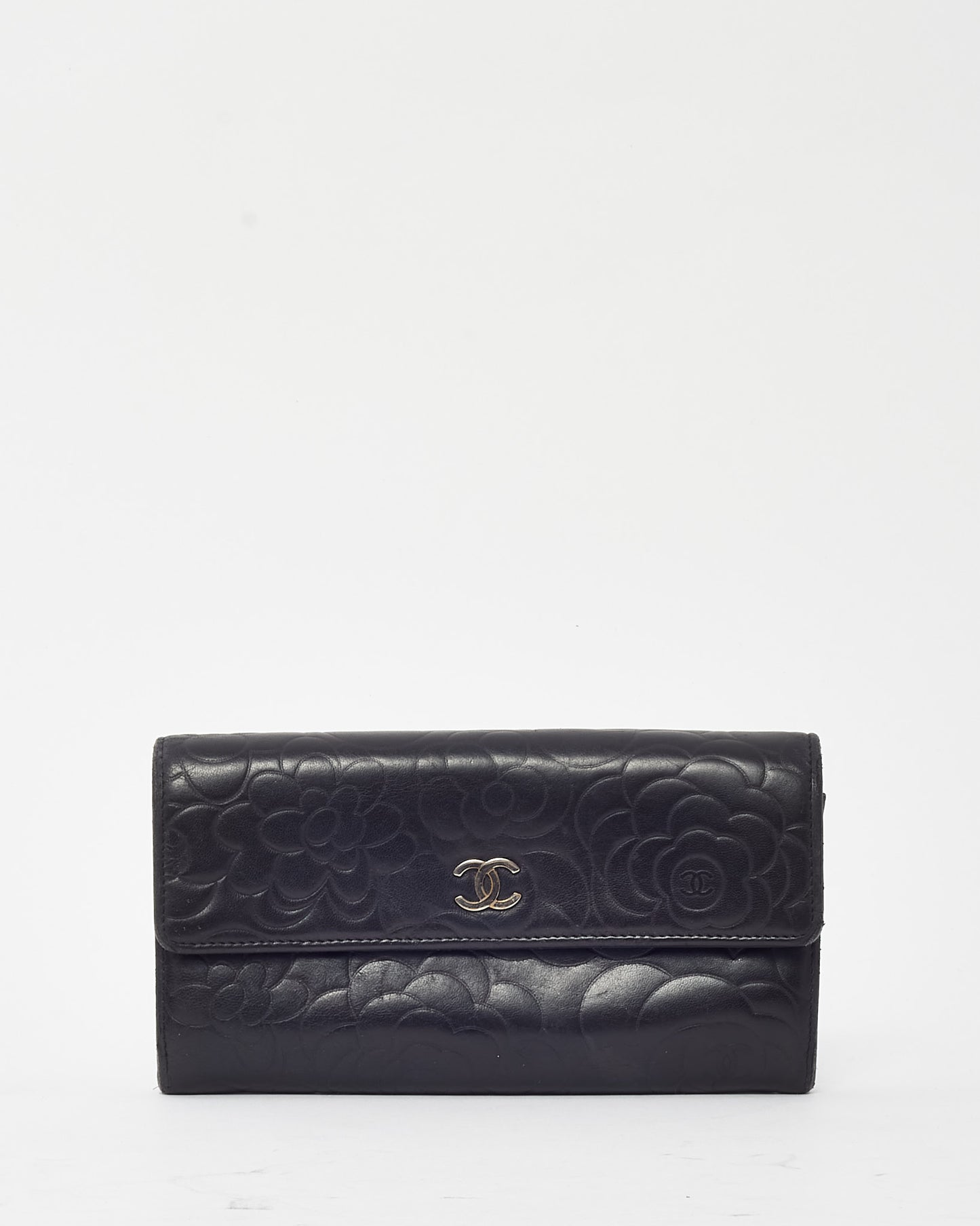 Chanel Black Leather Embossed Camellia Flower CC Logo Continental Wallet