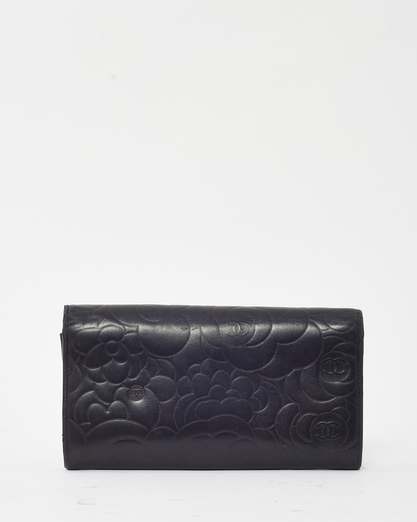 Chanel Black Leather Embossed Camellia Flower CC Logo Continental Wallet