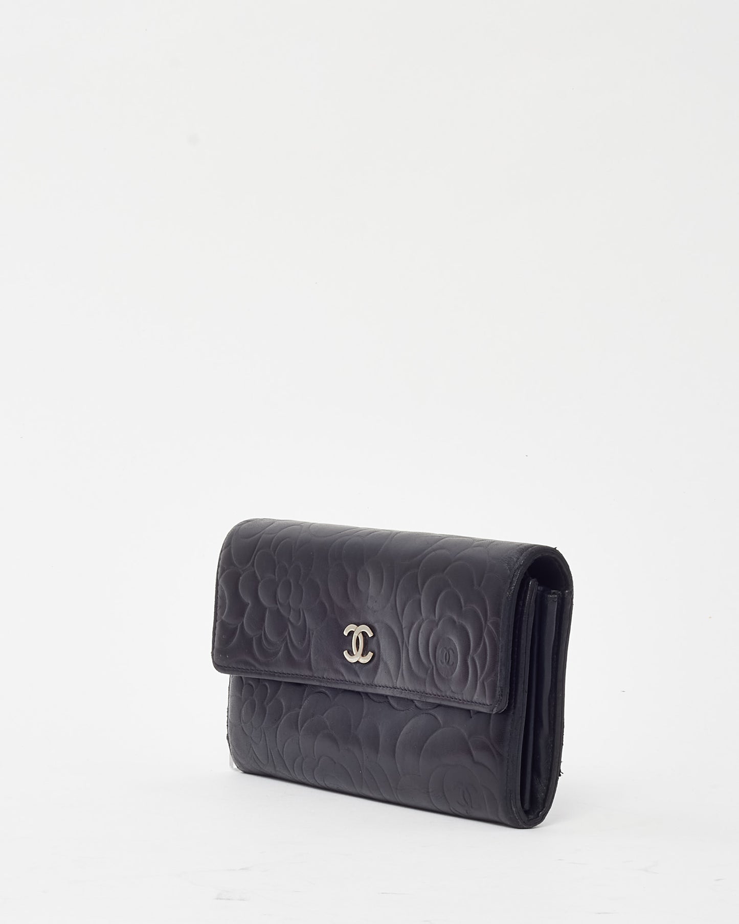 Chanel Black Leather Embossed Camellia Flower CC Logo Continental Wallet