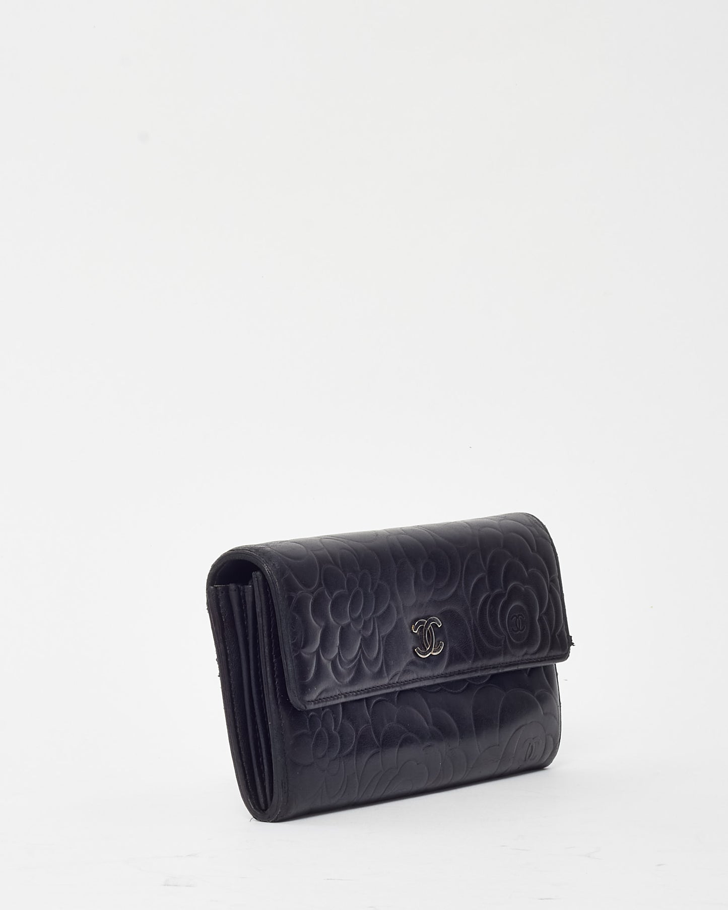 Chanel Black Leather Embossed Camellia Flower CC Logo Continental Wallet