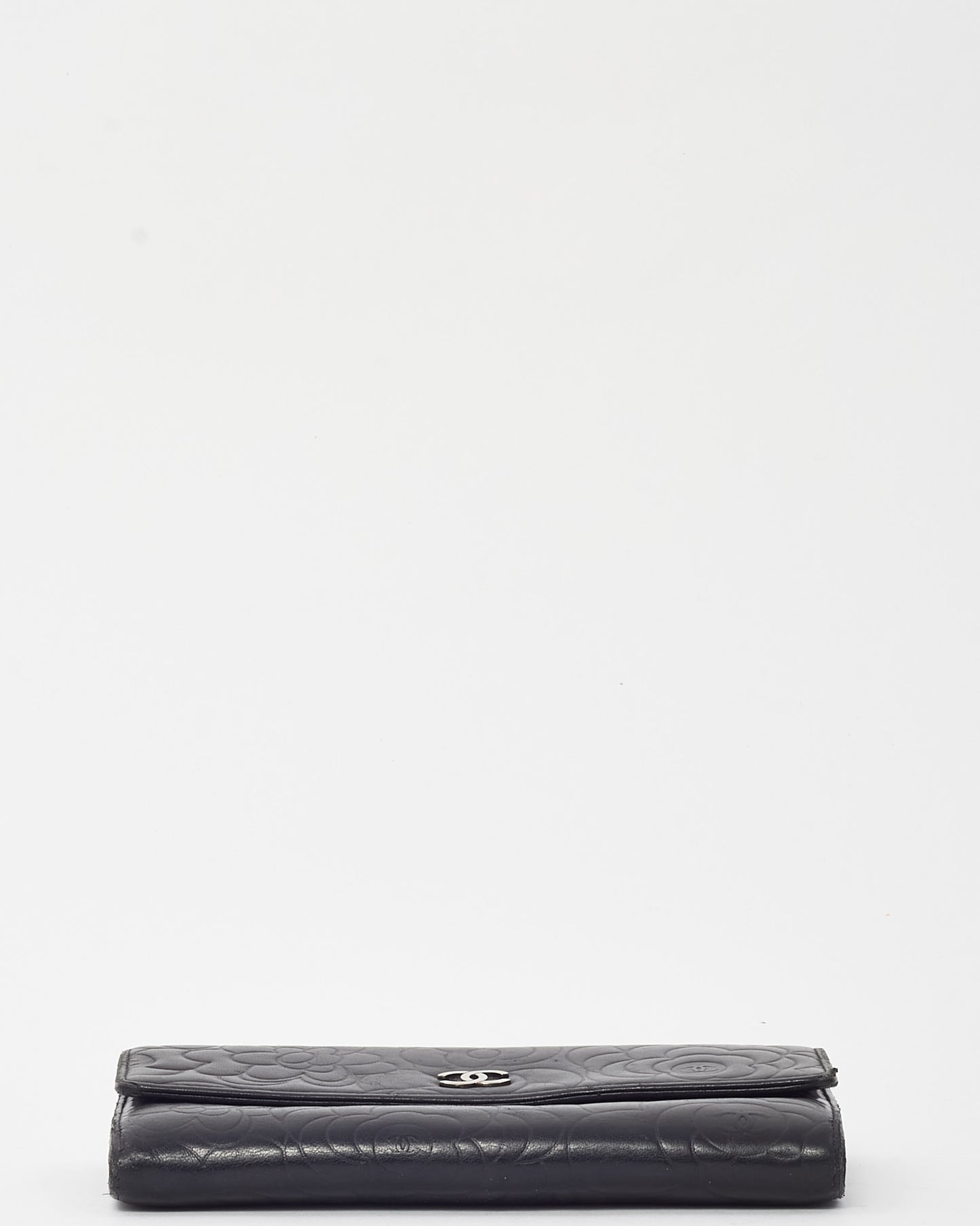 Chanel Black Leather Embossed Camellia Flower CC Logo Continental Wallet