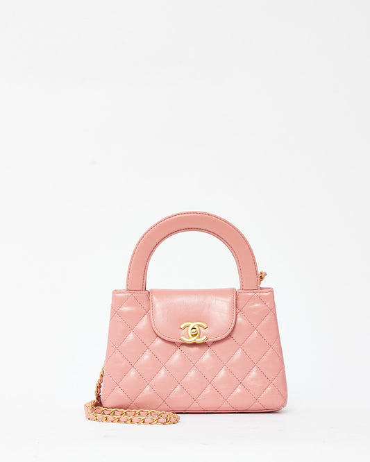 Chanel Coral Pink Shiny Aged Quilted Calfskin Leather Nano Kelly Shopper Crossbody GHW