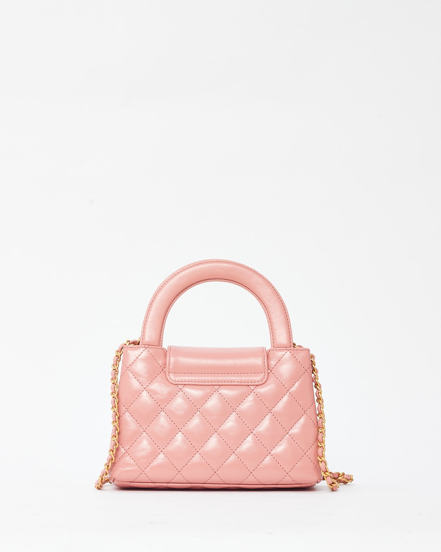 Chanel Coral Pink Shiny Aged Quilted Calfskin Leather Nano Kelly Shopper Crossbody GHW