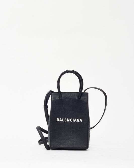 Balenciaga Black Textured Leather Logo-Print Mini Shopping Phone Case Crossbody Bag