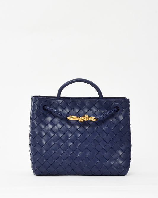 Bottega Veneta Navy Intrecciato Leather Small Andiamo Bag GHW