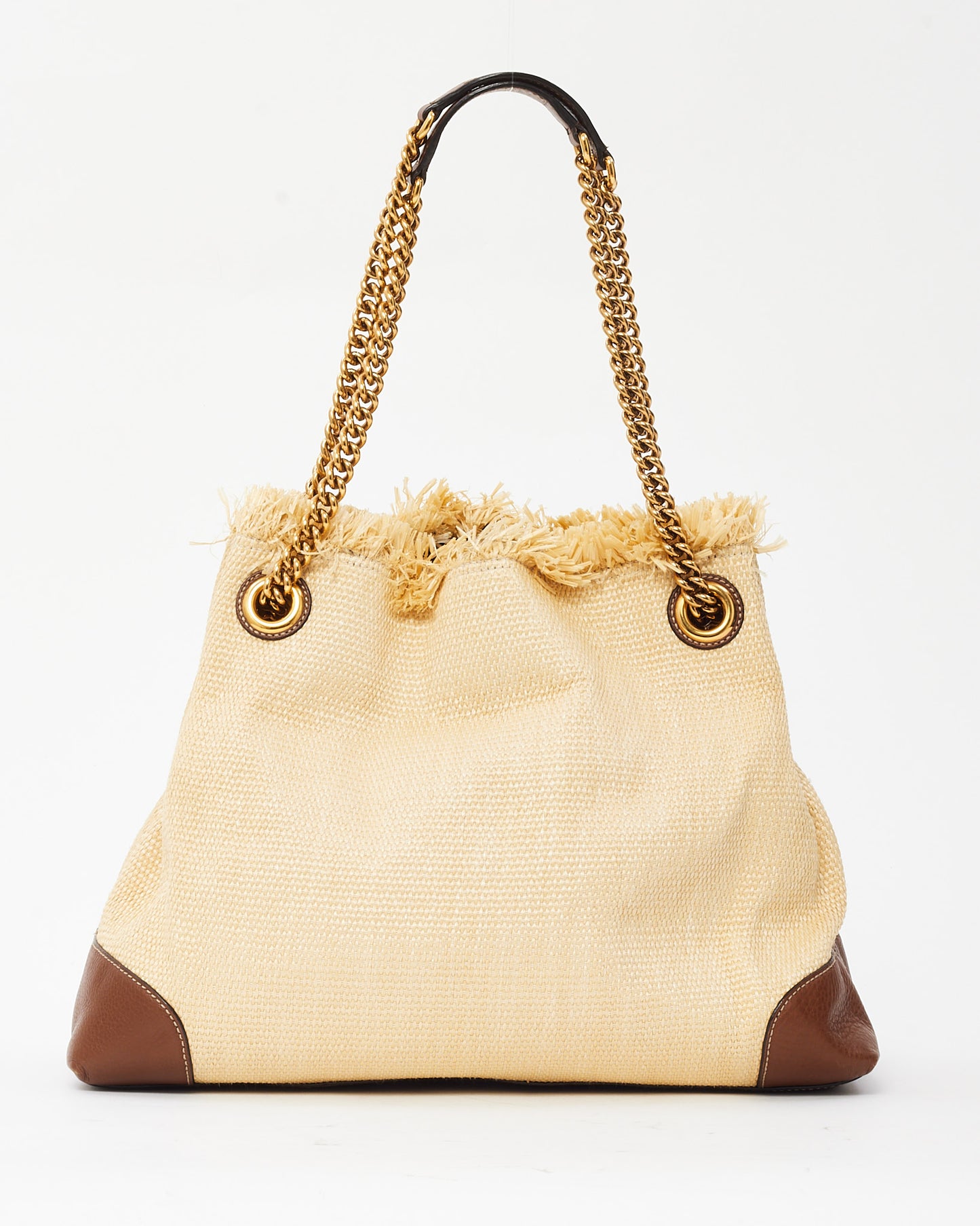 Gucci Beige Raffia and Brown Leather Medium GG Soho Chain Shoulder Bag