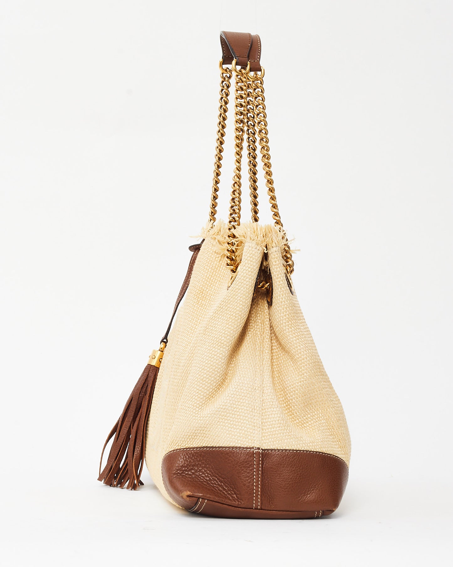 Gucci Beige Raffia and Brown Leather Medium GG Soho Chain Shoulder Bag