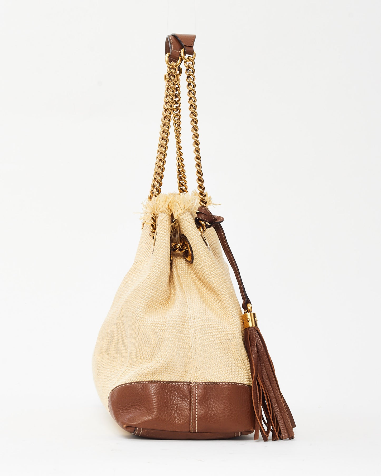 Gucci Beige Raffia and Brown Leather Medium GG Soho Chain Shoulder Bag