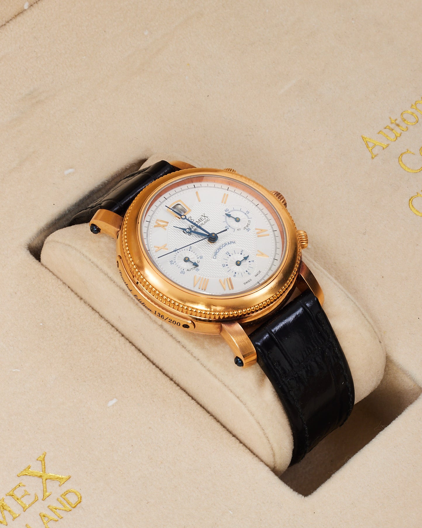 Charmex of Switzerland Black Croc Leather Rose Gold Steel Jubil 1926-2006 Chronograph Watch 43mm