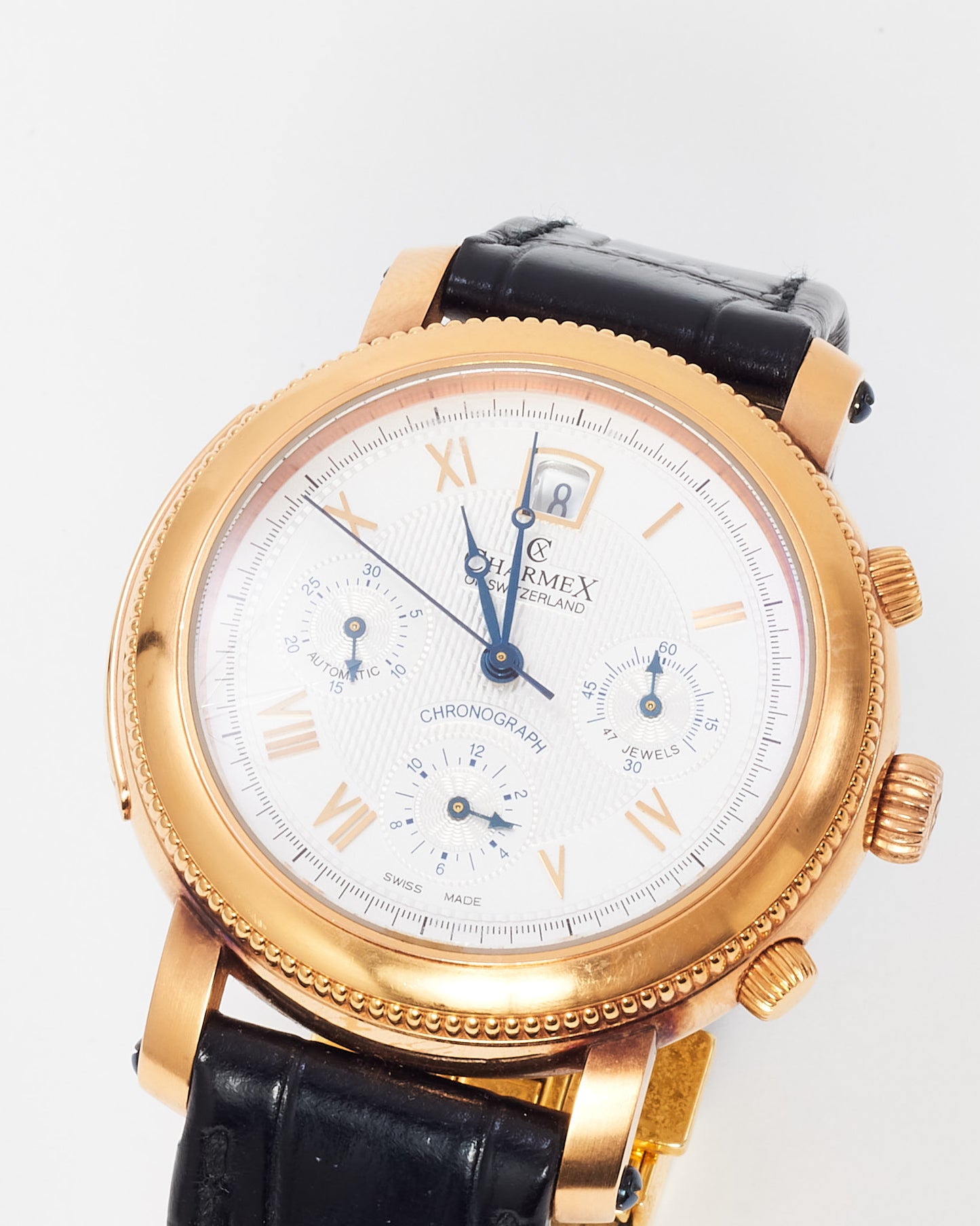 Charmex of Switzerland Black Croc Leather Rose Gold Steel Jubil 1926-2006 Chronograph Watch 43mm