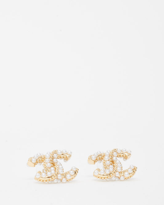 Chanel Gold Metal and Pearl Embellished CC Logo Earrings