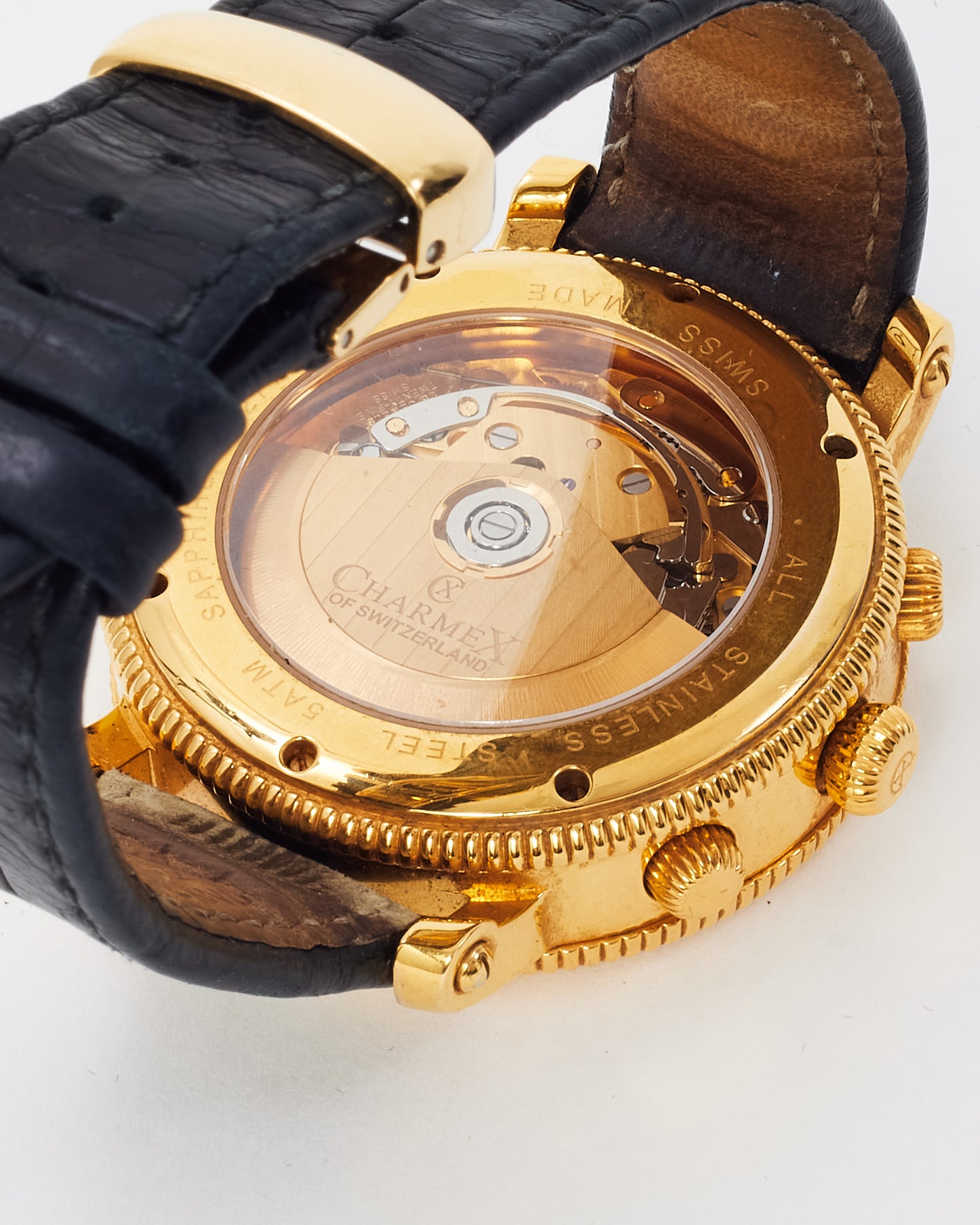 Charmex of Switzerland Black Croc Leather Gold Steel President Chronometer Chronograph Watch