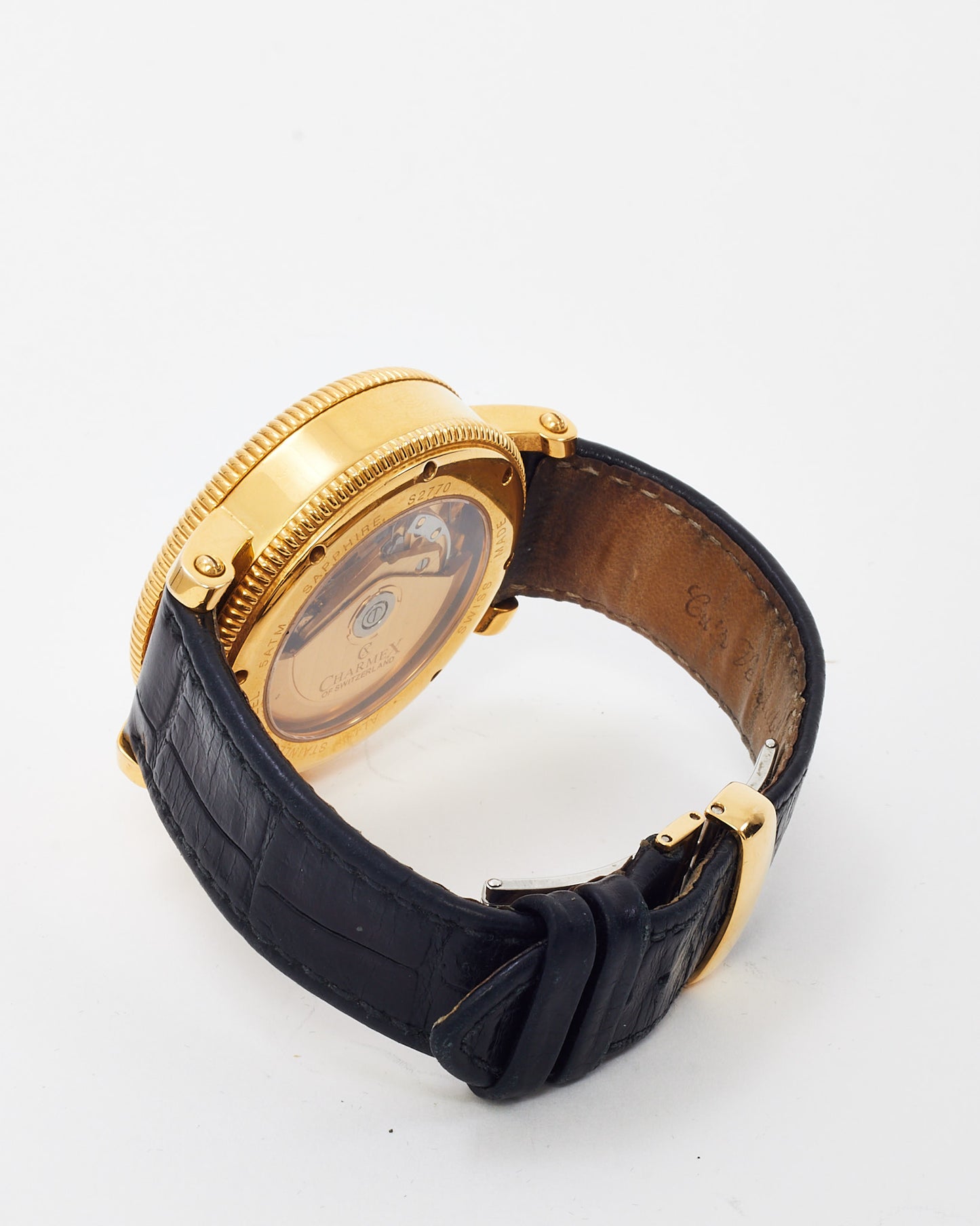 Charmex of Switzerland Black Croc Leather Gold Steel President Chronometer Chronograph Watch